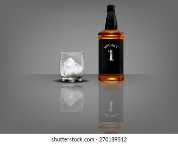 realistic beautiful whiskey bottle with beautiful glass of whiskey and ice