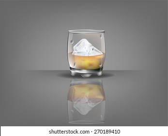 realistic beautiful whiskey glass with ice cubes and whiskey vector