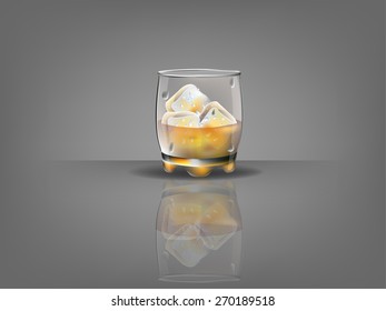 realistic beautiful whiskey glass with ice cubes and whiskey vector