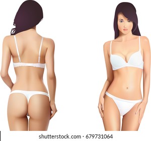 Realistic Beautiful Woman Body In White Lingerie. Tanga Type. Vector Illustration