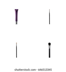 Realistic Beauty Accessory, Brow Makeup Tool, Day Creme And Other Vector Elements. Set Of Greasepaint Realistic Symbols Also Includes Lips, Collagen, Brush Objects.