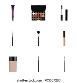 Realistic Beauty Accessory, Concealer, Eyelashes Ink And Other Vector Elements. Set Of Maquillage Realistic Symbols Also Includes Brush, Eye, Contour Objects.