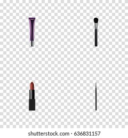Realistic Beauty Accessory, Day Creme, Pomade And Other Vector Elements. Set Of Greasepaint Realistic Symbols Also Includes Lipstick, Stick, Collagen Objects.