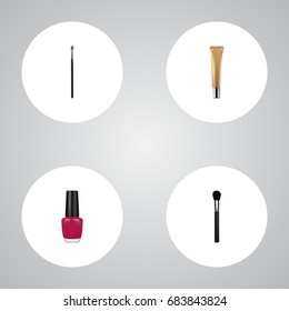 Realistic Beauty Accessory, Eye Paintbrush, Collagen Tube And Other Vector Elements. Set Of Greasepaint  Symbols Also Includes Cream, Collagen, Nail Objects.