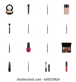 Realistic Beauty Accessory, Multicolored Palette, Powder Blush And Other Vector Elements. Set Of Cosmetics Realistic Symbols Also Includes Varnish, Contour, Cosmetics Objects.