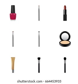 Realistic Beauty Accessory, Varnish, Blusher And Other Vector Elements. Set Of Maquillage Realistic Symbols Also Includes Brow, Pomade, Highlight Objects.