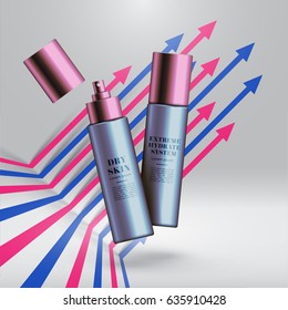 Realistic beauty products with colorful background, vector illustration