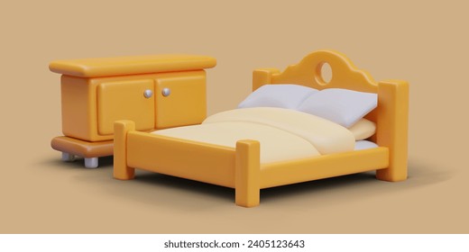 Realistic bed with blanket, two pillows, and commode on yellow background. Concept of furniture for bedroom. Vector illustration in 3d style with shadow