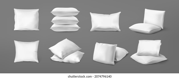 Realistic bed cushion. White bed pillows for bedroom interior, top and bottom view of cotton feather pillows, stack and piles. Vector isolated set