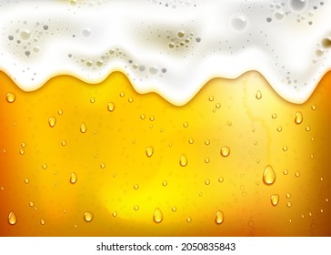 realistic beer background with lush white foam, bubbles and dripping drops