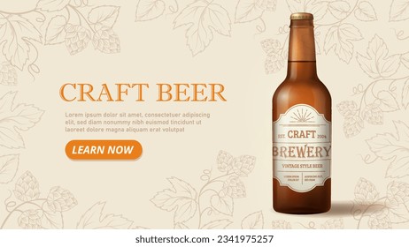 Realistic beer banner concept. Craft brewery bottle of alcoholic drink. Advertising and marketing. Poster or cover for website. Hop product template. Isometric vector illustration