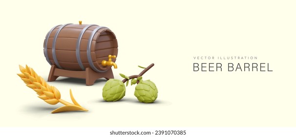 Realistic beer barrel with tap, hops, ear of wheat. Advertising concept with place for text. Banner for social networks. Traditional alcoholic drink made from natural ingredients