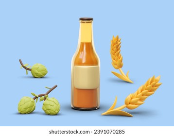 Realistic beer bottle with blank label, mockup. 3D wheat spikes, green hops. Set of vector elements for advertising organic beer, design of flyer, sign, menu