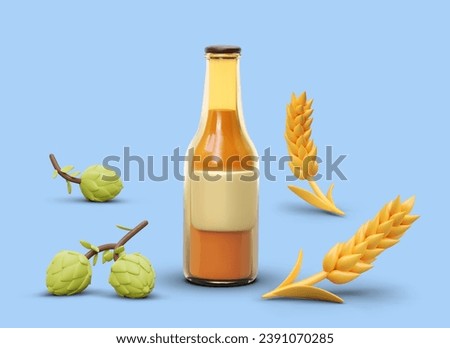 Realistic beer bottle with blank label, mockup. 3D wheat spikes, green hops. Set of vector elements for advertising organic beer, design of flyer, sign, menu