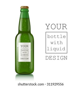 Realistic beer bottle. Glass transparent scalable bottle with liquid - beer, water, soda. Template ready for your design. Vector illustration