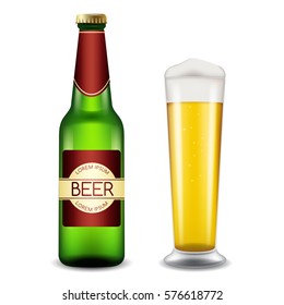 Realistic Beer Bottle And A Glass of Beer : Vector Illustration