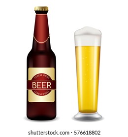 Realistic Beer Bottle And A Glass of Beer : Vector Illustration