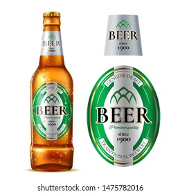 Realistic beer bottle with golden bubbles and label. Vector lager beer bottle for alcohol product advertising design. Fresh pub drink with green label.