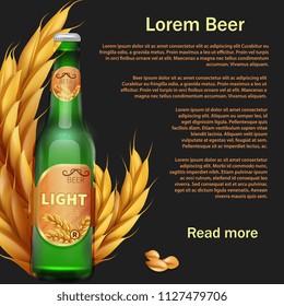 Realistic beer bottle and rye background or web page design. Vector illustration