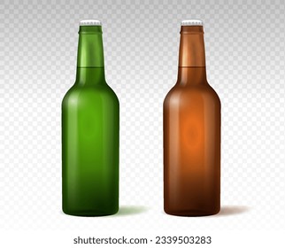 Botellas de cerveza realistas en el set de copias. Bebidas y bebidas alcohólicas. Botellas verdes y marrones vacías. Paquete Booze. Colección vectorial isométrica aislada en fondo transparente