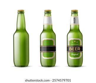 Realistic beer bottles. Green glass bottle, empty label. 3d container for alcoholic beverage. Brewery product. Premium quality lager. Cold drink, branding product mockup. Vector concept