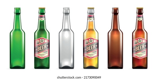 Realistic beer bottles icon set green transparent brown bottles with and without labels on the bottles vector illustration