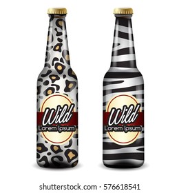 Realistic Beer Bottles with Wild Animal Skin Pattern : Vector Illustration