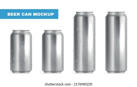 Realistic beer can mockup icon set silver aluminum cans with condensation droplets on them vector illustration