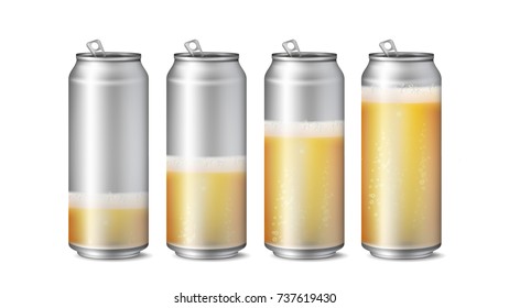 Realistic Beer Cans Mockup Vector.  Background Texture With Foam And Bubbles. Different Level Of Beer. Macro Of Refreshing. Isolated Illustration