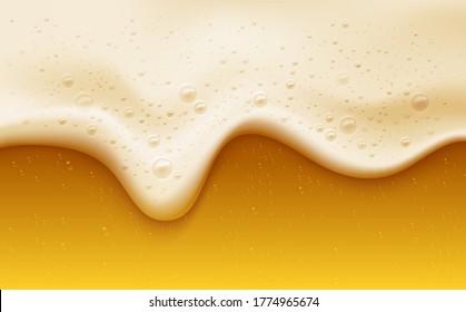 Realistic beer foam with bubbles. Beer glass with a cold drink. Background for bar design, oktoberfest flyers. Vector illustration EPS10