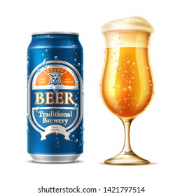 Realistic beer glass with beer aluminium can. Vector ale full cup with froth, fresh bubbles. Octoberfest drink festival, brewery product design. Home brew stout or draft bottle