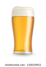 Realistic beer glass with blond beer, foam and bubbles isolated on white background. Transparent vector illustration.