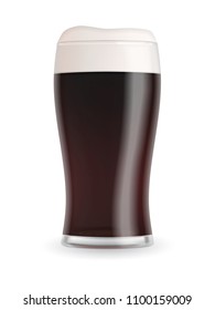 Realistic beer glass with dark stout beer, foam and bubbles isolated on white background. Transparent vector illustration.