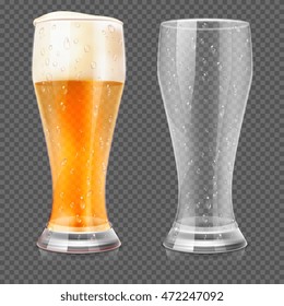 Realistic beer glasses, empty mug and full lager glass isolated on checkered background. Alcohol beverage with white foam. Vector illustration