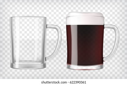 Realistic beer glasses. Mug filled with dark beer and bubbles with an empty mug. Graphic design element for a brewery ad, beer garden poster, flyers and printables. Transparent vector illustration.