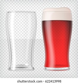 Realistic beer glasses. Mug filled with red fruit beer and bubbles with empty mug. Graphic design element for a brewery ad, beer garden poster, flyers and printables. Transparent vector illustration.