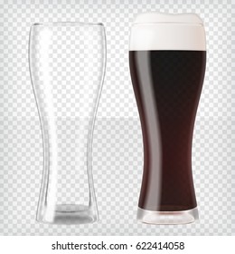 Realistic beer glasses. Mug filled with dark beer and bubbles with an empty mug. Graphic design element for a brewery ad, beer garden poster, flyers and printables. Transparent vector illustration.