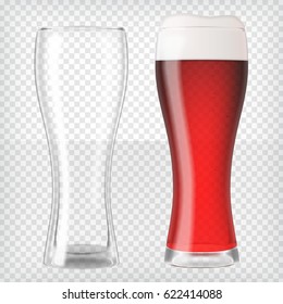 Realistic beer glasses. Mug filled with red fruit beer and bubbles with empty mug. Graphic design element for a brewery ad, beer garden poster, flyers and printables. Transparent vector illustration.