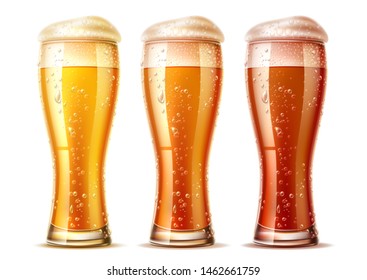 Realistic beer glasses set. Lager, ale and dark beer in mugs with froth and water bubbles and drops. Fresh alcohol drink for brewery, restaurant or bup menu design. Craft beer for oktoberfest design.