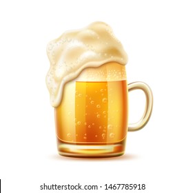 Realistic beer glasses with thick froth. Lager, ale and dark beer in mug with water bubbles and drops. Fresh alcohol drink for brewery, restaurant or pub menu design. Craft beer for oktoberfest design