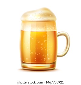 Realistic beer glasses with thick froth. Lager, ale and dark beer in mug with water bubbles and drops. Fresh alcohol drink for brewery, restaurant or pub menu design. Craft beer for oktoberfest design