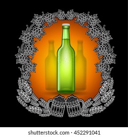 Realistic beer green bottle in the center of blackboard with scratch board style frame from hop cons, spicas and two mugs