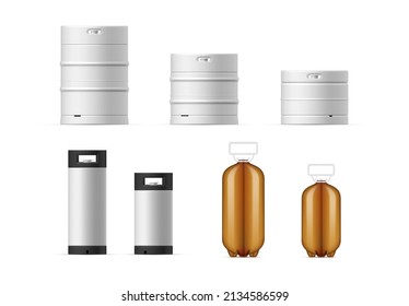 Realistic beer kegs collection vector illustration. Set of barrels, cans and bottles for carrying and storage malt alcohol beverage isolated. Metallic and plastic containers for industrial and retail