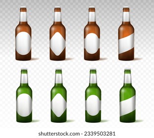 Realistic beer with labels at copy space set. Alcoholic drinks and beverages with tags. Template, layout and mock up. Isometric vector collection isolated on transparent background