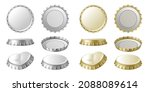 Realistic beer or lemonade bottle cap, metallic lid for glassware bottle of drink. Set of top and bottom, side view on container cover with dent. Beverage and drinking concept. 3d vector illustration