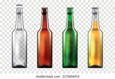 Icono de botellas realistas de parodia de cerveza puso cuatro botellas de cerveza con vidrio verde claro marrón y claro con ilustración vectorial de cerveza rellena