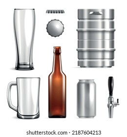 Realistic beer mockup icon set glasses mugs iron barrels bottles and lids for beer vector illustration