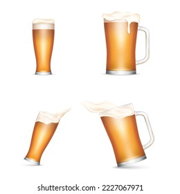 Realistic beer mugs and glasses with light yellow ale beverage and white froth isolated. 3d beer glass for oktoberfest or pub design. Golden lager in transparent glassware. Vector illustration