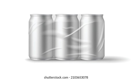 Realistic beer pack template tin cans in plastic wrap for transportation, six soda metal jars, side view. Cylinder aluminum silver cans in transparent pack isolated. 3d vector illustration