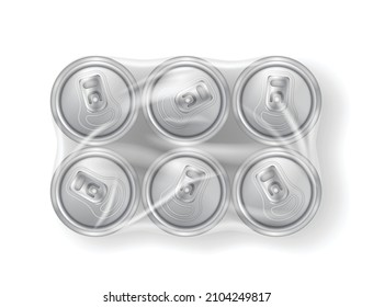 Realistic beer pack tin cans in plastic wrap, six soda metal jars top view. Cylinder aluminum canisters in transparent pack, drink bottles isolated on white background. 3d vector illustration